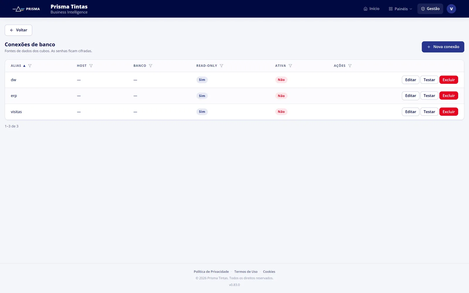 Conexões com o banco do ERP cadastradas na própria interface