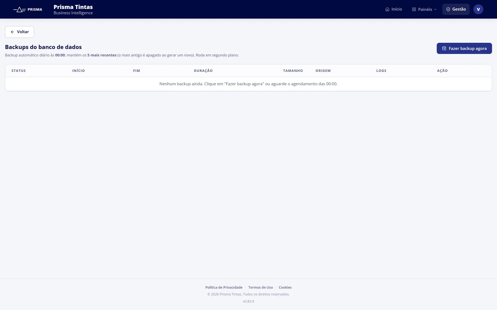 Backup do banco por tela autenticada, restrito ao SuperAdmin