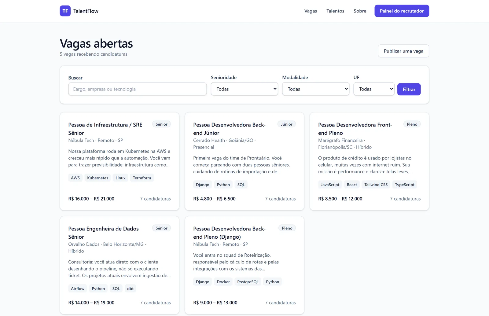 Busca de vagas com filtros por senioridade, modalidade e localidade