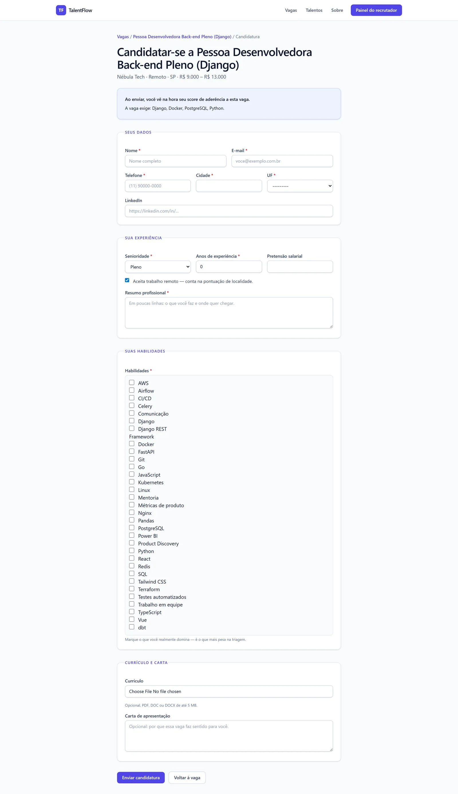 Candidatura em formulário curto, com currículo em PDF opcional